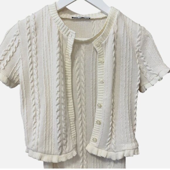 ZARA Cable Knit Bodycon Cottagecore Sweater Midi Dress Matching Cardigan Set M - Picture 3 of 7